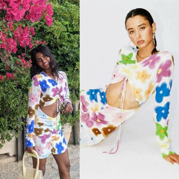 With Jean Hermana Dress Floral Daisy Viola Tricolor Cinched Top Cutout Mini 90s - Picture 4 of 15